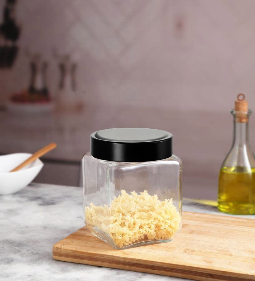 CLOUDMART Piramal Glass Square Clear Jars & Containers for Kitchen Pantry, Snacks, Masala, Honey, Pickles, Cookies, Dry Fruits,S